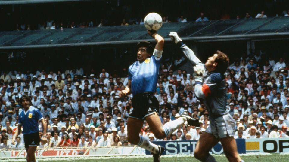 Maradona scoring two goals, one of which being the infamous 'Hand of God'